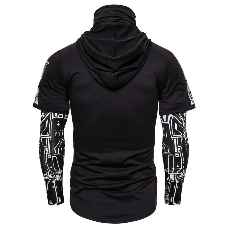 

European yards elastic fitness men off two printing young hooded long-sleeved T-shirt mask cycling