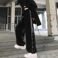 sweatpants womens sport joggers design button streetwear side split straight wide leg pants baggy harajuku casual trousers black