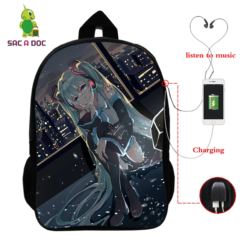 Многофункциональный рюкзак VOCALOID Hatsune Miku, зарядка через usb, разъем для наушников, для ноутбука, для подростков, мальчиков, девочек, школьные рюкзаки для косплея