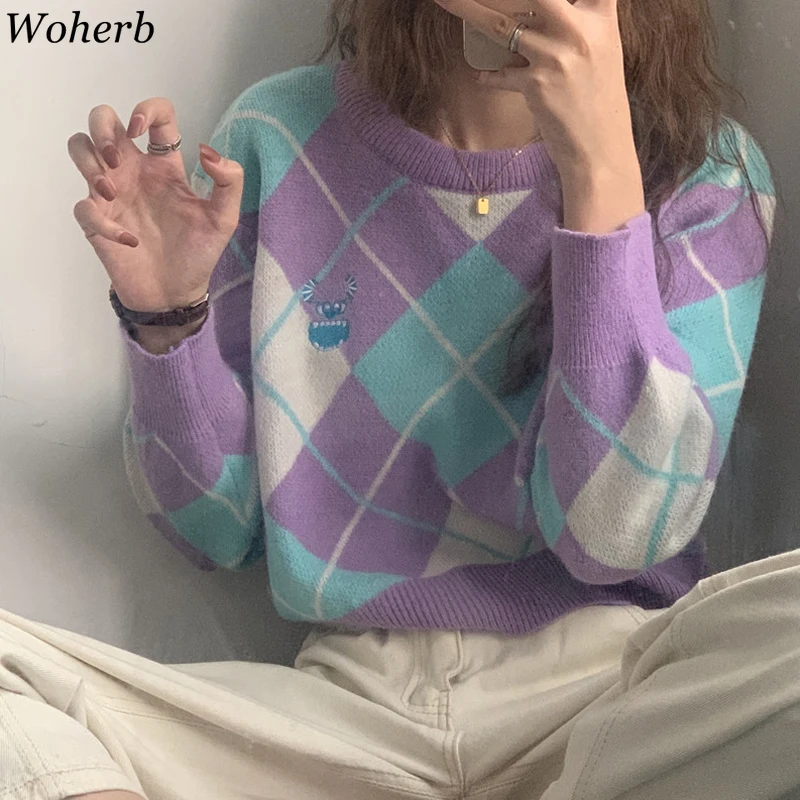 Женский свитер Woherb в клетку сезон зима-осень 2022 корейский вязаный джемпер