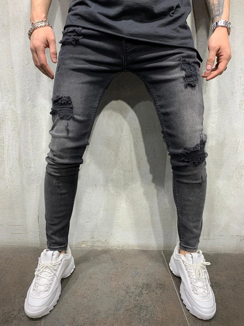 

The locomotive Jeans Trousers Men Pencil pants Men's Skinny Stretch Denim Pants Distressed Ripped Freyed Slim Fit Fashion
