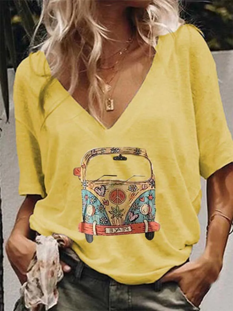 

Spring and summer new cross-border burst women's V-neck print T-shirt top
