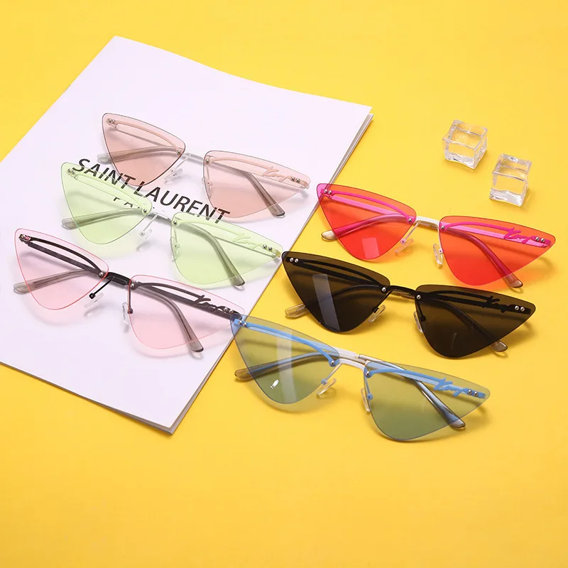 

Ins Hot Fashion Brand Rimless Triangle Cat Eye Sunglasses For Women Vintage Alloy Green Pink Sun Glasses Female Elegant Shades