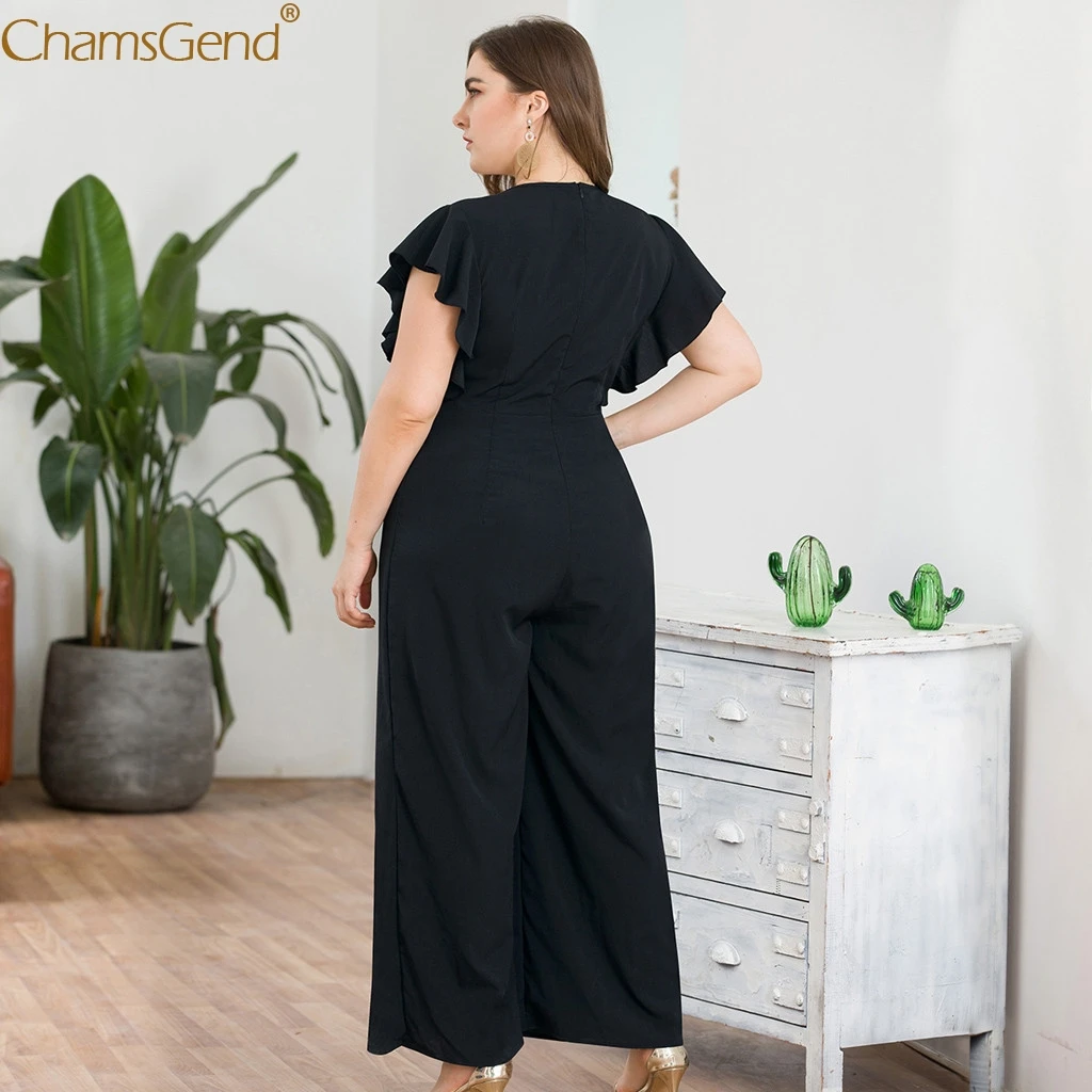 Плюс размер v-образным вырезом с коротким рукавом Комбинезоны для женщин плюс размер черные однотонные повседневные оборки широкие ноги высокое качество Aug