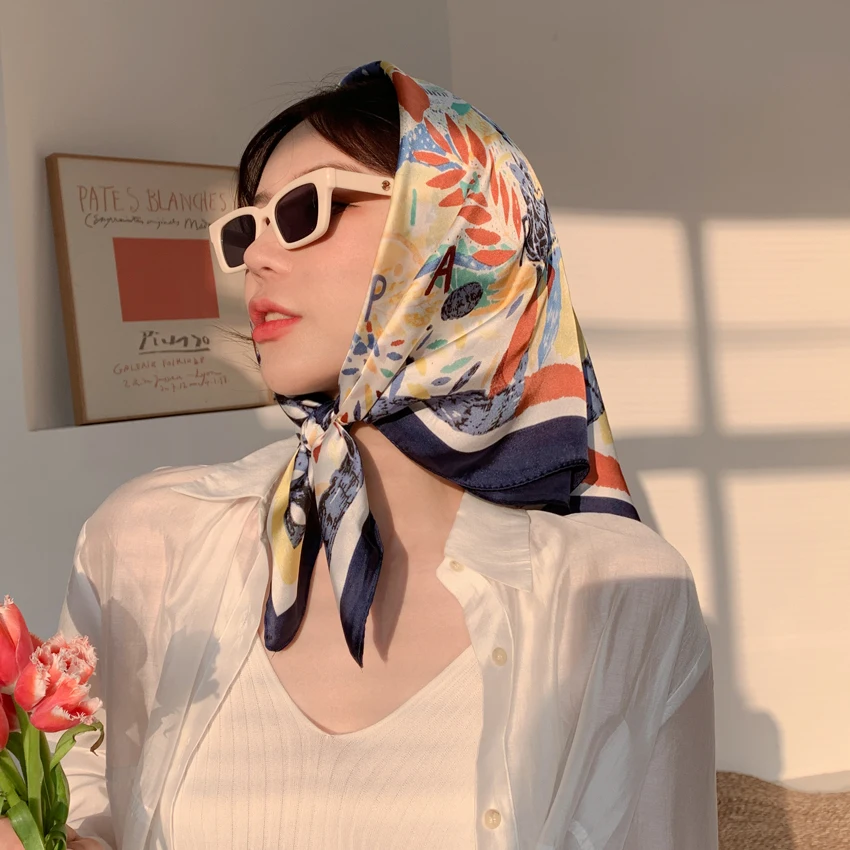 

Модный квадратный шелковый шарф с принтом, женские шарфы для шеи, офисный шейный платок, Женская бандана, шаль, шарф для волос