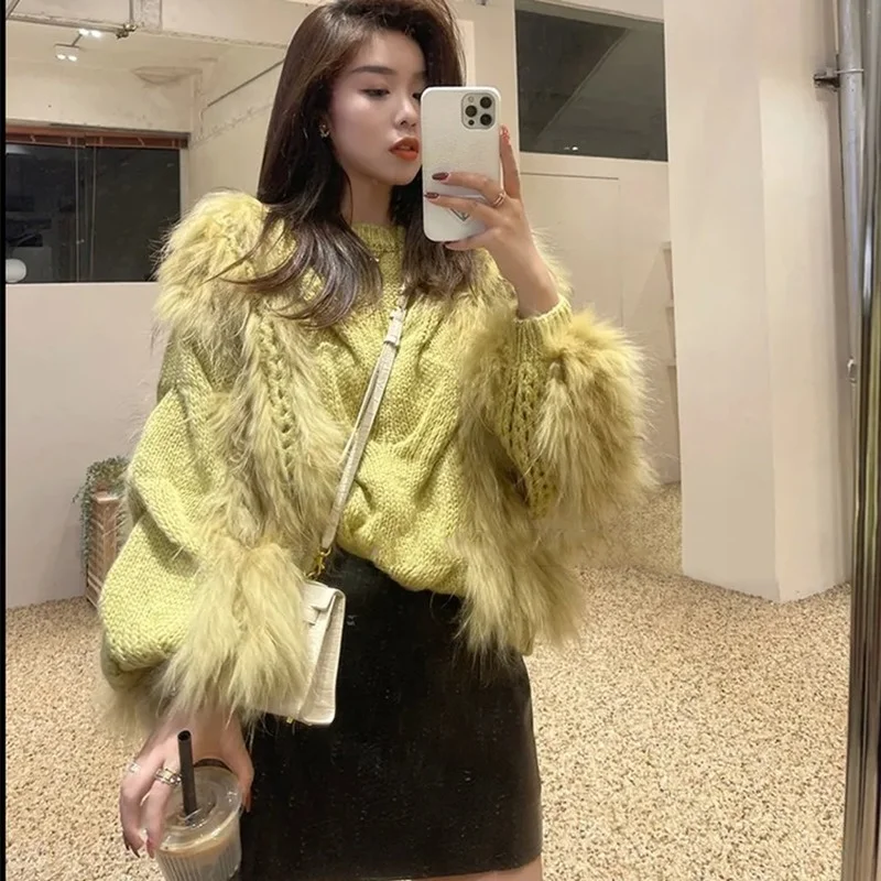 

Womens Winter Sweaters Pullover Autumn New Women's Loose Puff Sleeve Korean Version of Fur Stitching