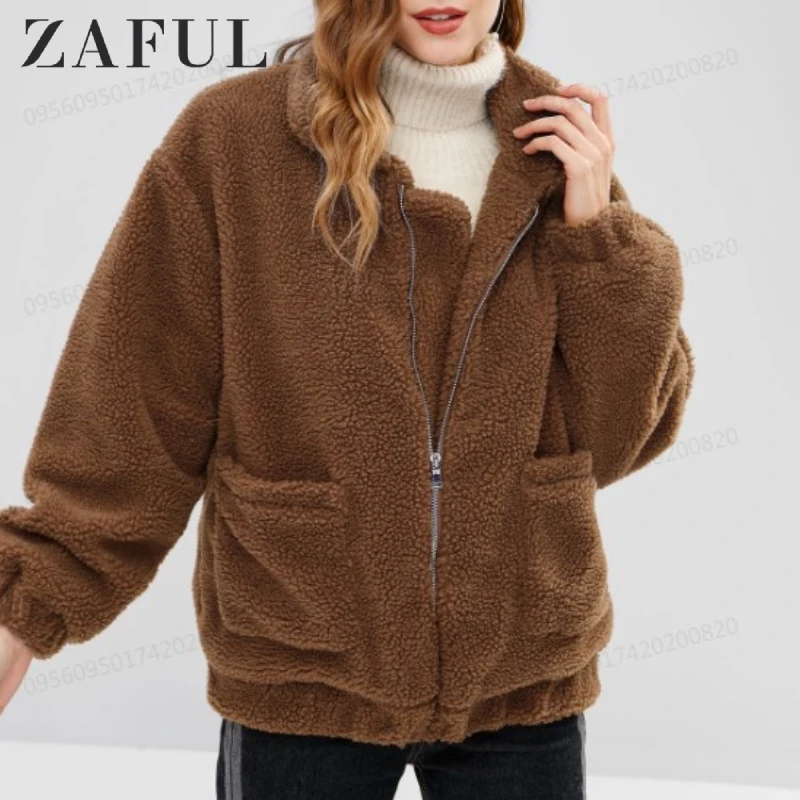 ZAFUL Zip Up Fluffy Winter Coat Fashion Women Lamb Wool Loose Jacket Pocket Soft Sherpa Autumn Ladies Tops |
