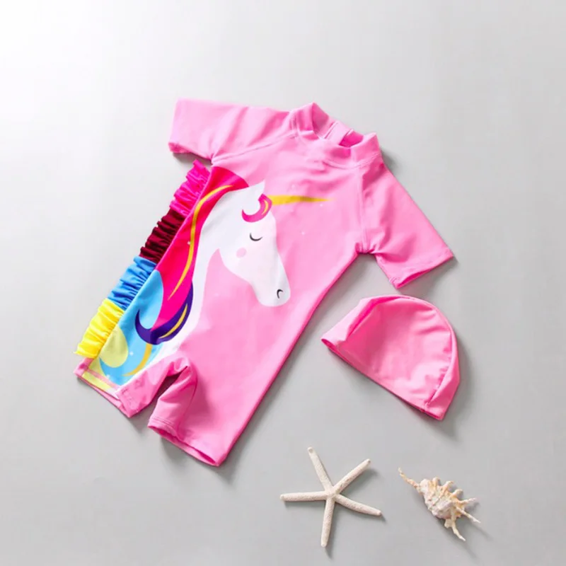 Cute Pink Unicorn Kids Girls One Piece Swimming Surfing Suit Swimwear + Hat Summer Beach Wear Children Princess Swimsuit SA4038