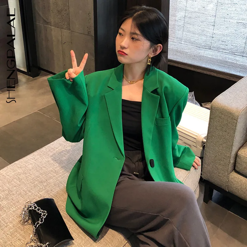 

SHENGPALAE Autumn 2021 Women's Blazer Green Fashion One Button Design Siut Collar Large Size Casual Long Sleeve Suit Coat ZC185