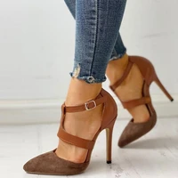 women buckle hight heels woman pointed toe sandals female party sexy shoes summer ladies retro flock footwear big size 43