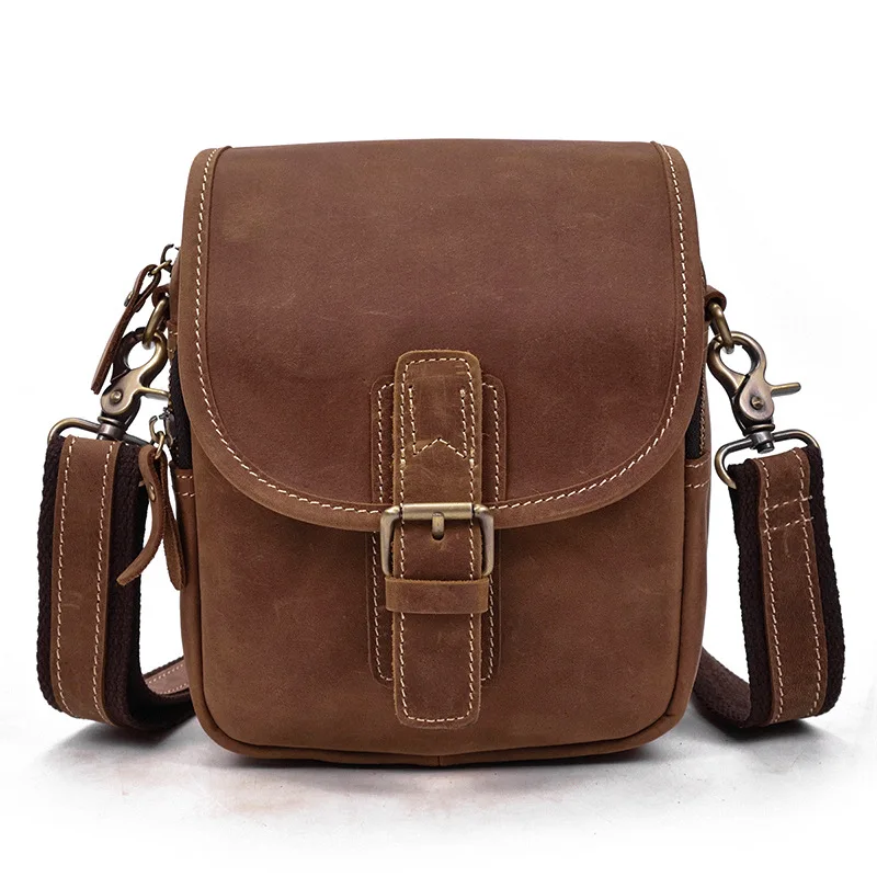 Men's leather shoulder bag retro crazy horse leather brown belt bag outdoor multi-purpose first layer cowhide belt bag messenger