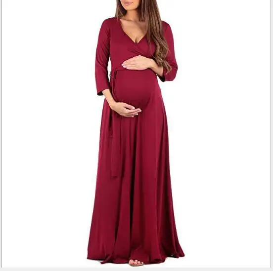Женское длинное платье для беременных осенне зимнее с v образным вырезом и