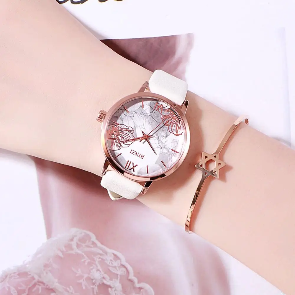 Женские наручные часы с цветами кожа розовое золото простые модные женские Reloj