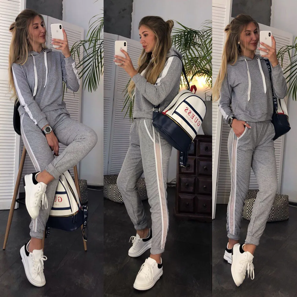 

Fashion Women's New Suit Spring Casual Hooded Collar Pullover Solid Color Striped Printed Trousers Two-piece Suit Full Donsignet