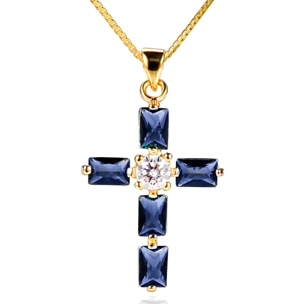 

Sapphire gemtsones blue crystal cross pendant necklaces for women femme diamonds 18k gold color chain choker bijoux jewelry gift