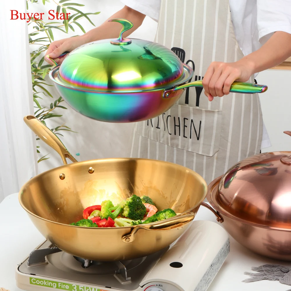New Kitchen High Quality Chinese 304Stainless Steel Non-stick Frying Pan With Cover Household Uncoated Wok Cooker Gas Suitable