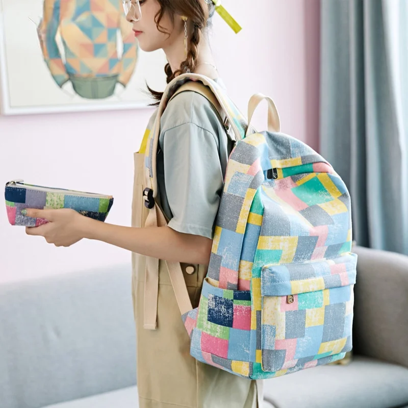 Canvas Backpack Retro Old Color Printing Color Contrast Backpack Female Middle School Student Korean Style Fresh Schoolbag