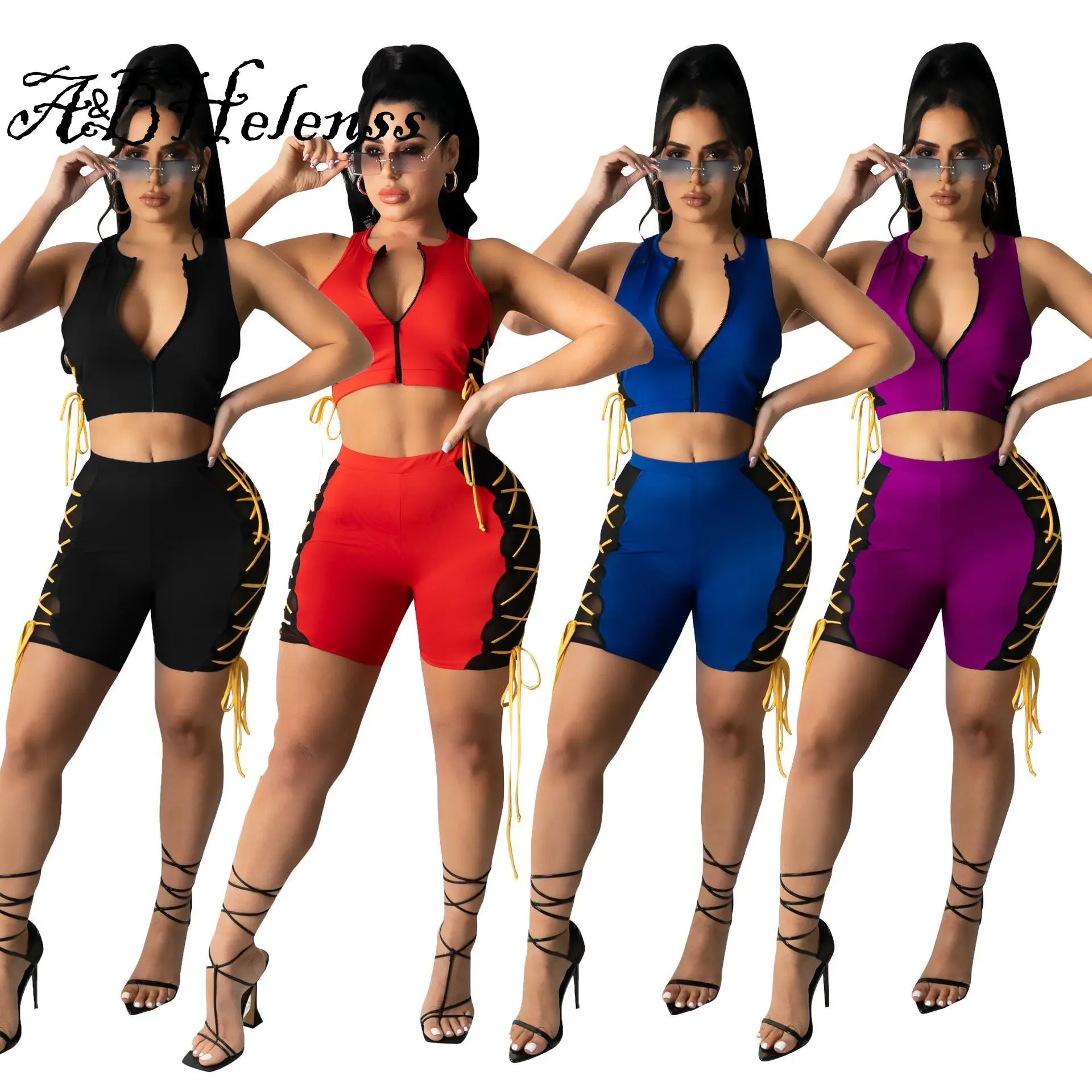 

A&BHelenss Solid Fitness Women Zipper Up Crop Top + Skinny Side Bandage Biker Shorts Jogger Set Streetwear 2 Piece Set