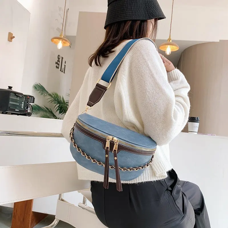 

2020 New Fashion Half Moon Crossbody Bags For Women Luxury Soft Leather Chains Shoulder Bag Classic Solid Color Ladies Waist Bag