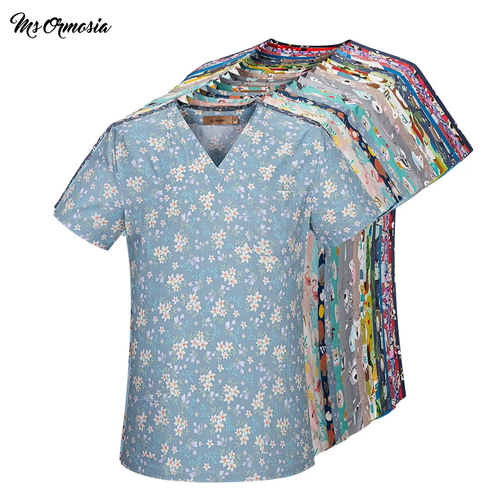 

Новая Модная хлопковая Униформа с мультяшным животным и цветочным принтом, униформа для салона красоты, медсестры, лабораторная униформа д...