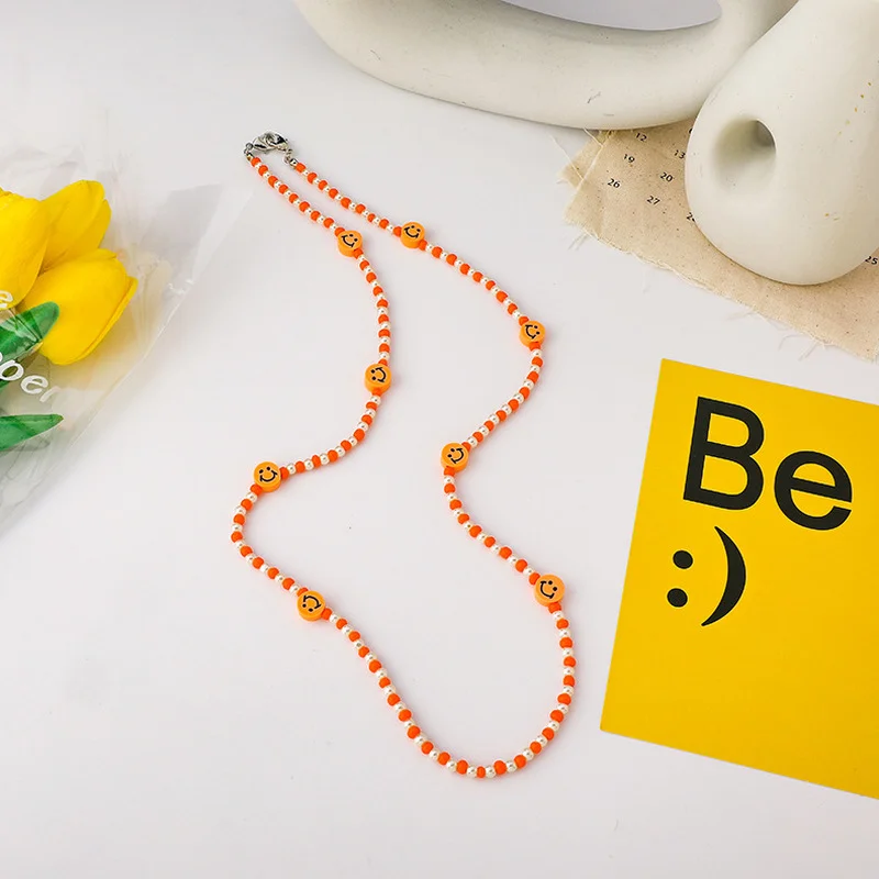 

LOVOACC Cute Lovely Candy Color Beaded Chains Necklaces for Women Rainbow Beading Smile Face Long Pendant Necklace Pendientes
