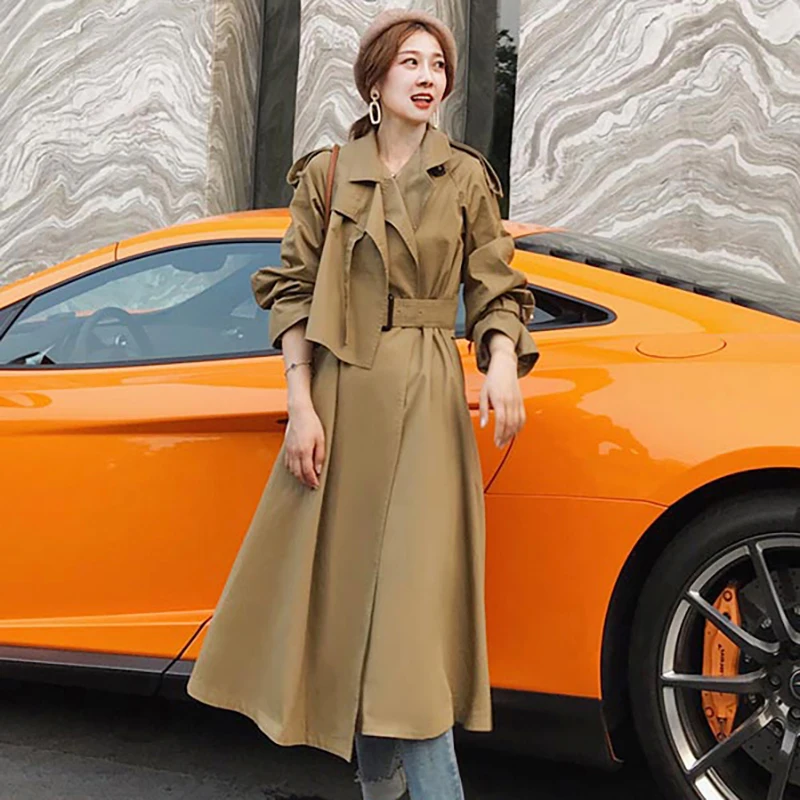 Women Trench Coat Autumn Casual Belt Waist Long Coat Turn Down Collar Long Sleeve Windbreaker Trench Fashion Outwear