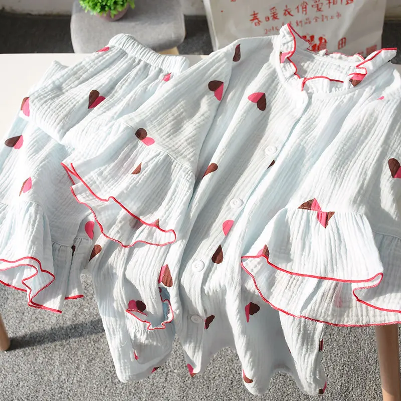 Japanese summer ladies cotton double gauze lotus leaf sleeve cropped trousers pajamas suit cute home service suit pijamas women