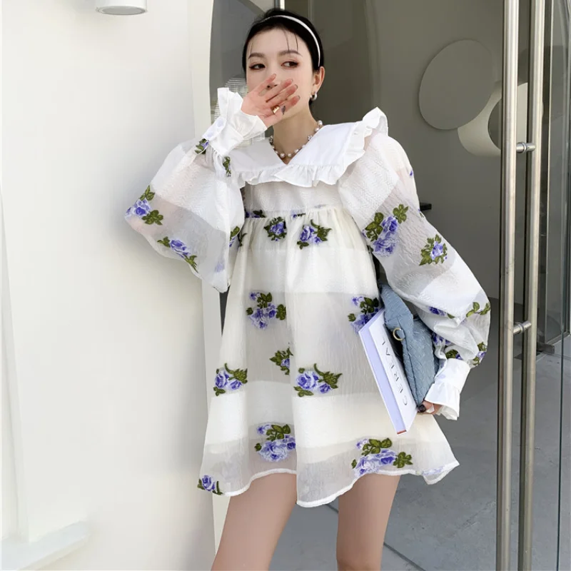 

Early Spring New Sweet Petal Jacquard Peter Pan Collar Dress Female Loose A-line Mini Dresses for Women Long Sleeve Print Robe