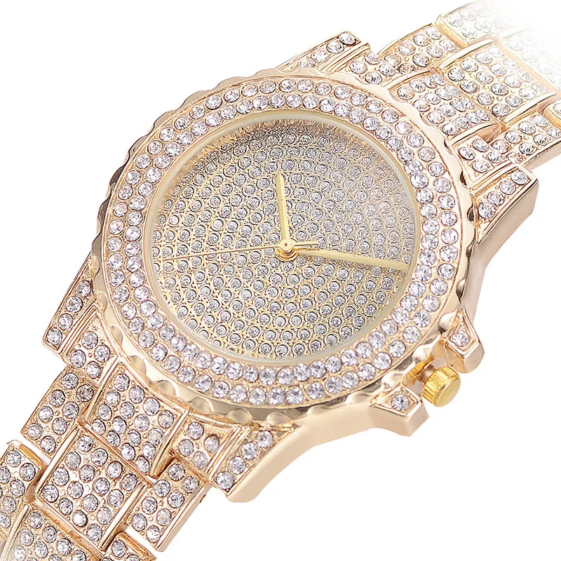Модные шикарные повседневные женские часы Кварцевые Золотые с кристаллами и