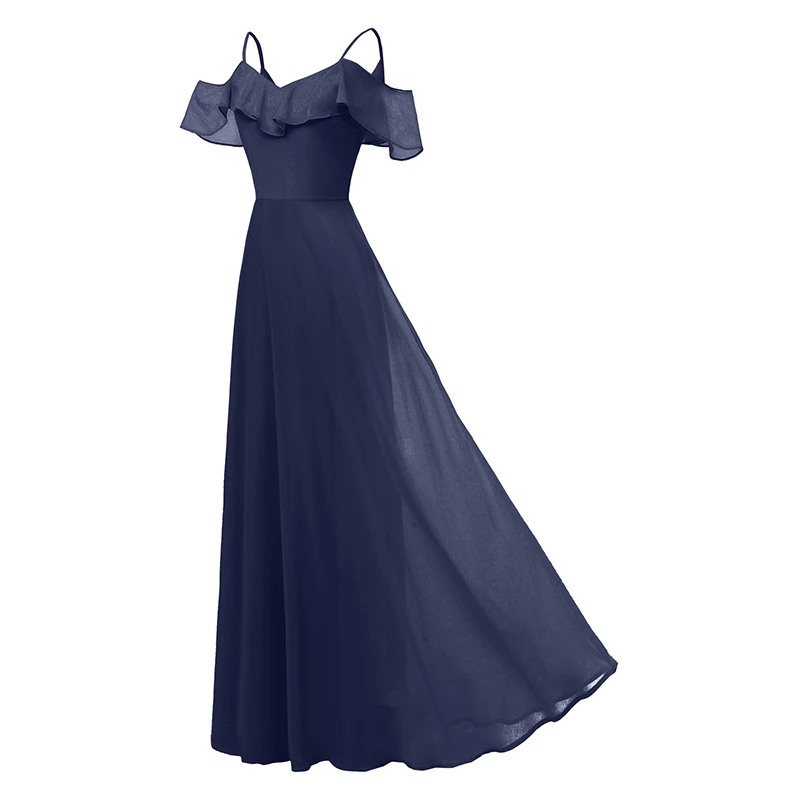 Navy Blue Длинное платье для свадебной вечеринки с открытыми плечами, на бретелях, с оборками, с v-образным вырезом, платье для выпускного с открытой спиной, однотонное шифоновое платье, Vestidos, Новинка - Цвет: Navy Blue