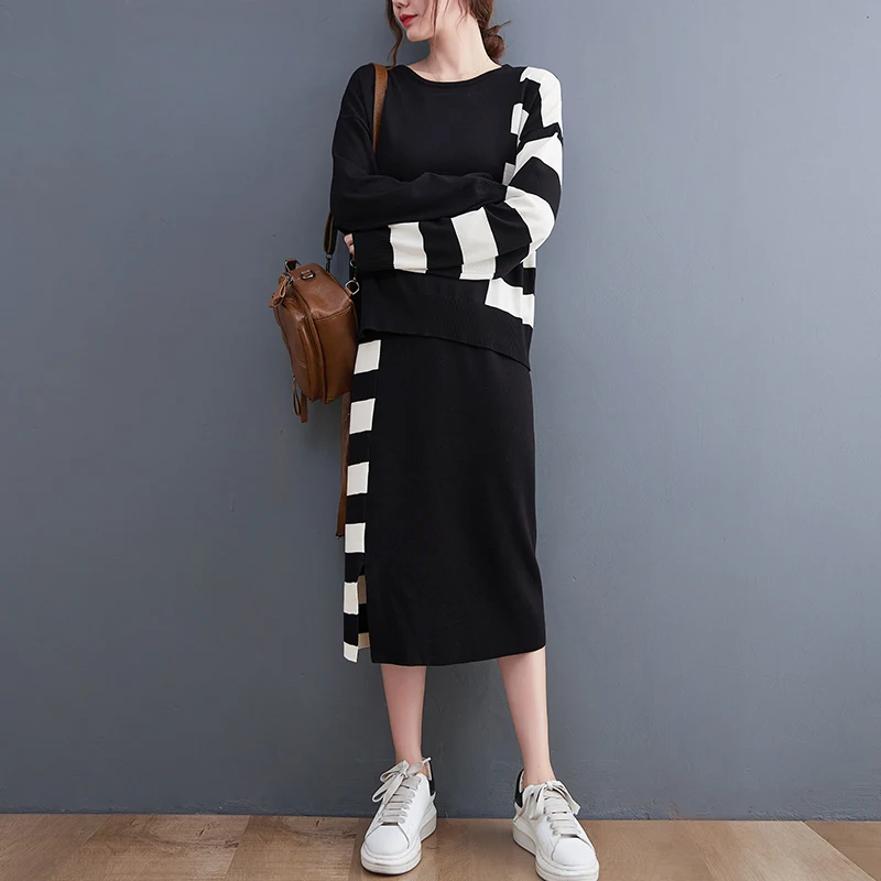 Осенне-зимний женский костюм с юбкой Модные трикотажные пуловеры круглым