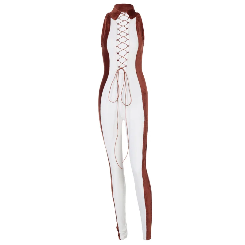 

2021 spring and summer European and American women's new sexy strappy halter neck color matching sports jumpsuit women