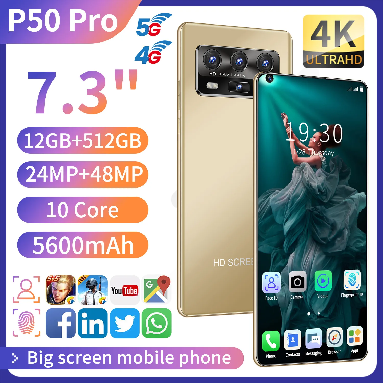 

Hot Global Version 7.3inch P50 Pro 10 Core Smartphones 5600mAh 12+512GB 24+48MP Face Unlock cellphone Dual SIM 5G Networkphones
