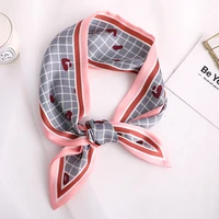 2020 lattice print women silk scarf small handle bag ribbons female head scarves foulard gray