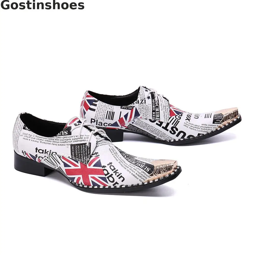 Fashion Men Shoes Genuine Leather Printed Lace-up Derby Metal Capped Toe Pointed Casual Loafers | Обувь
