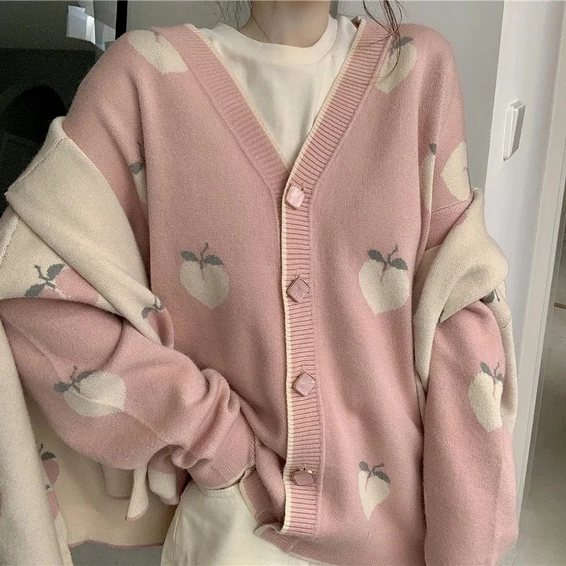 

Deeptown Korean Style Peach Printed Knitted Cardigan Sweater Women Sweet Pink Sweater V-neck Long Sleeve Jumper Female Winter