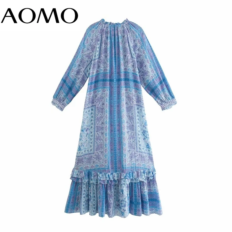 

AOMO 2021 Fashion Women Boho Flowers Ruffles Long Dress with Bow Long Sleeve Ladies Maxi Dress 3H762A