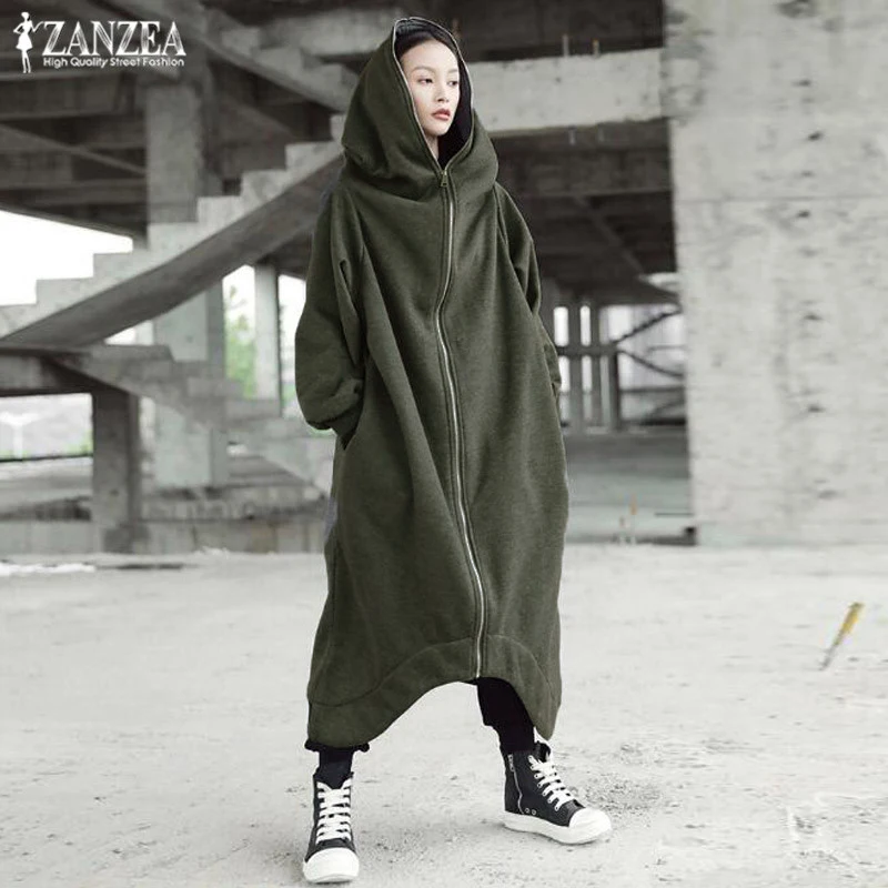 Зимний женский с капюшоном пальто куртки ZANZEA женский длинный рукав на молнии Длинные куртки негабаритные парки, верхняя одежда ветровки S-5XL