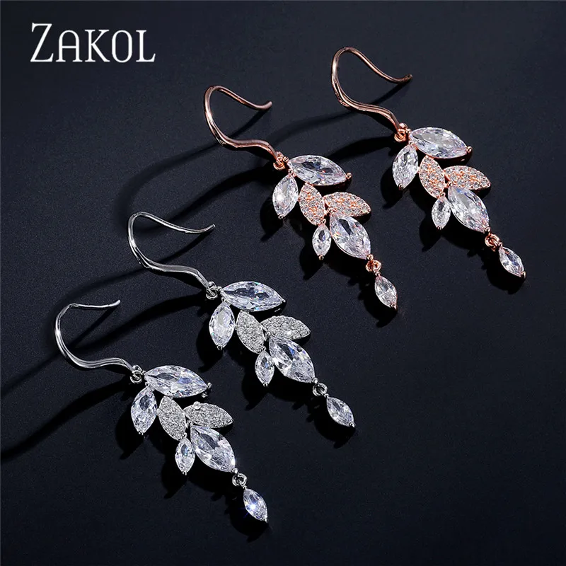 ZAKOL Модные женские филиал прозрачный фианит длинные роскошные серьги для женщин