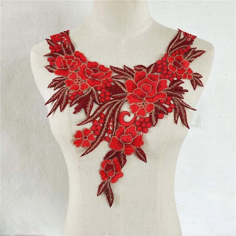 

Fashion DIY Embroidery Red Lace Collar Three-Dimensional Flower Dress T-Shirt Clothing Lace Applique Accessories
