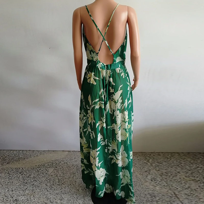 Женская обувь зеленого цвета в стиле Бохо Пляжное Платье макси с принтом летние