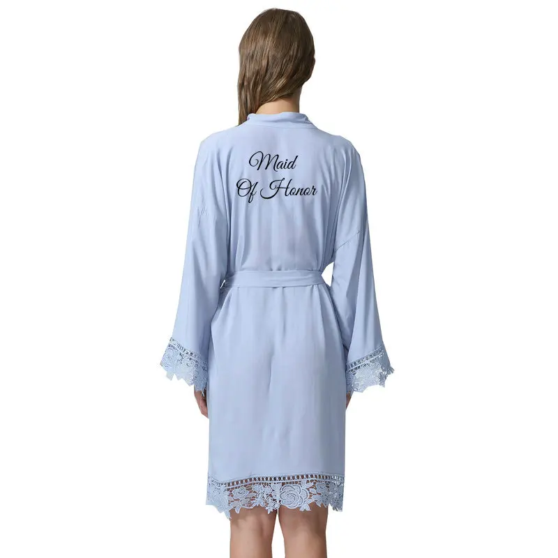 blue maid of honor YUXINBRIDAL Бургундия невесты халаты хлопок кимоно халаты с кружевной отделкой женский свадебный Халат короткий пояс - Цвет: blue maid of honor