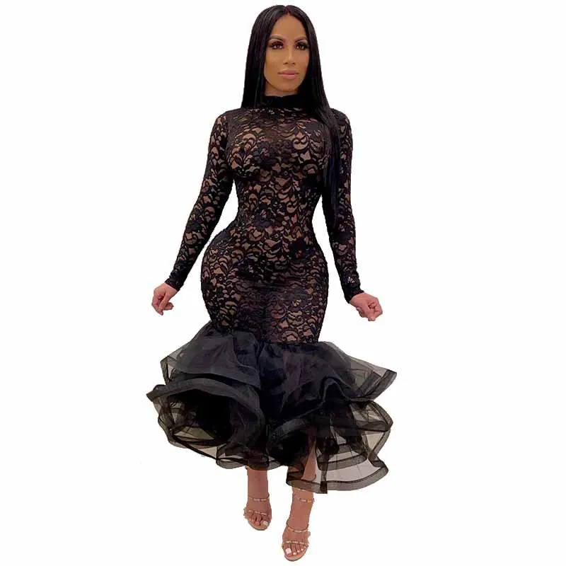 Женское кружевное платье с длинным рукавом однотонное ажурное вечернее для