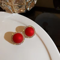 elegant geometric red color ball bow heart crystal zircon stud earrings for woman girls fashion party wedding jewelry gift