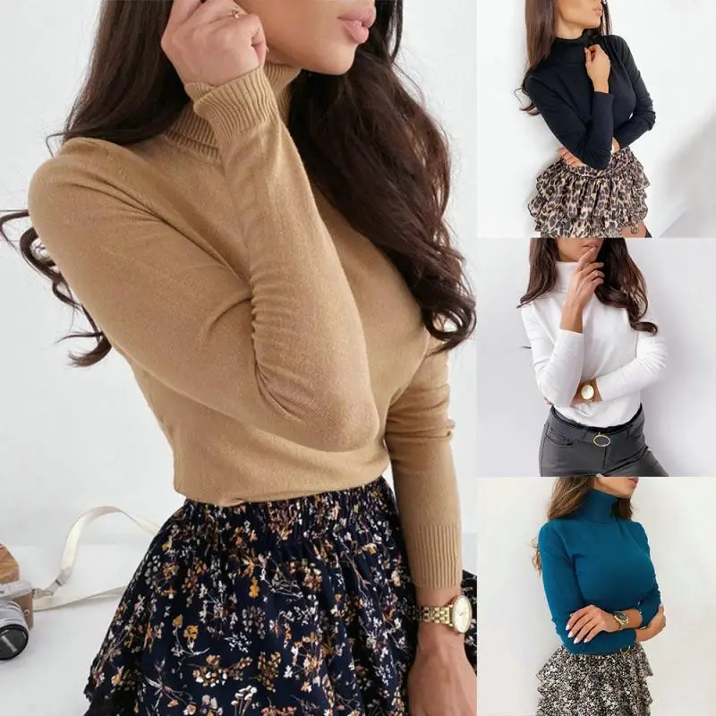 

Fashion Women's Sweaters Elegant Turtleneck Long Sleeve Slim Female Knitted Sweater Casual Soft Stripes Lady Pullover Sweater