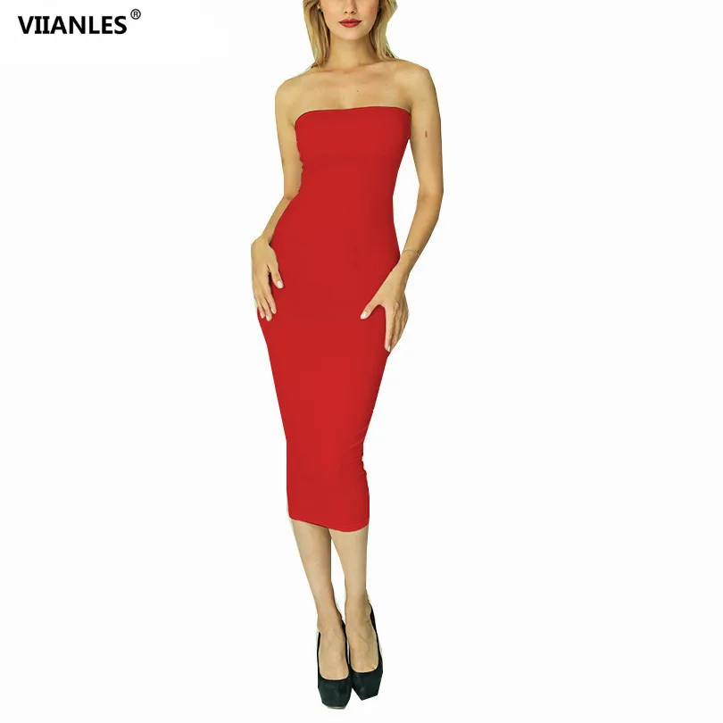 

VIIANLES Sexy Strapless Bodycon Solid Summer Tube Dress Women Party Backless Casual Red White Pencil Vestidos Ladies Dropshiping
