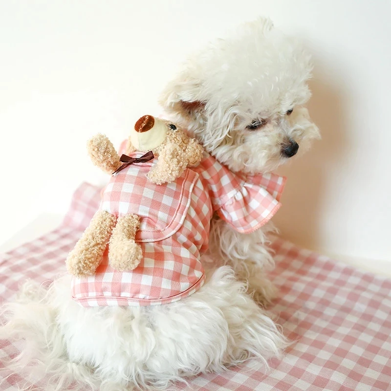 

Cat Dog Pet Clothes for Small Medium Dog Cute Teddy Bear Shirt Summer Puppy Plaid Tshirt with Bow Pocket Chihuahua Costume