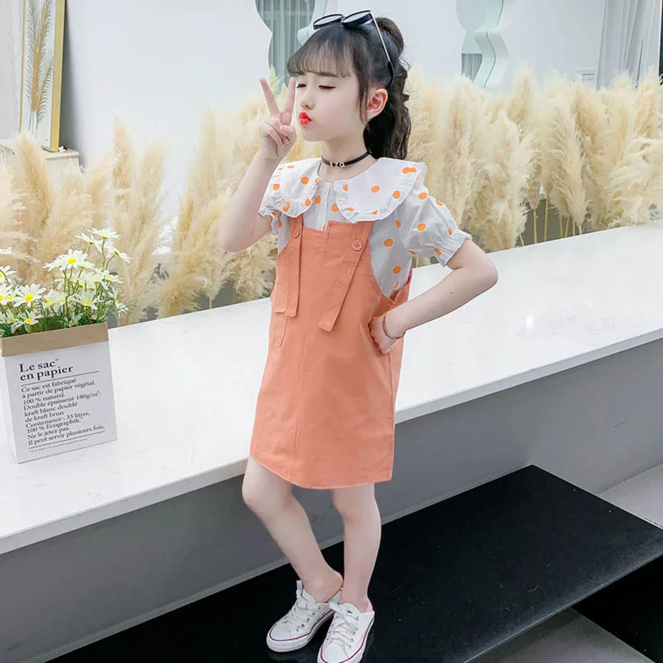 Girls Summer Clothes Dot Teenage Clothing Blouse + Jumpsuit For Butterfly Sleeve Children's Suits |
