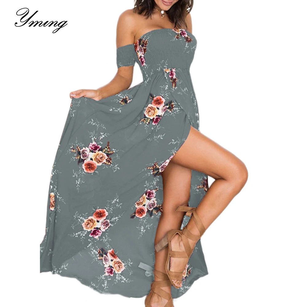 

Летнее женское платье YMING, шифоновые пляжные платья с открытыми плечами и разрезом, длинные платья в стиле бохо, элегантная одежда для женщин