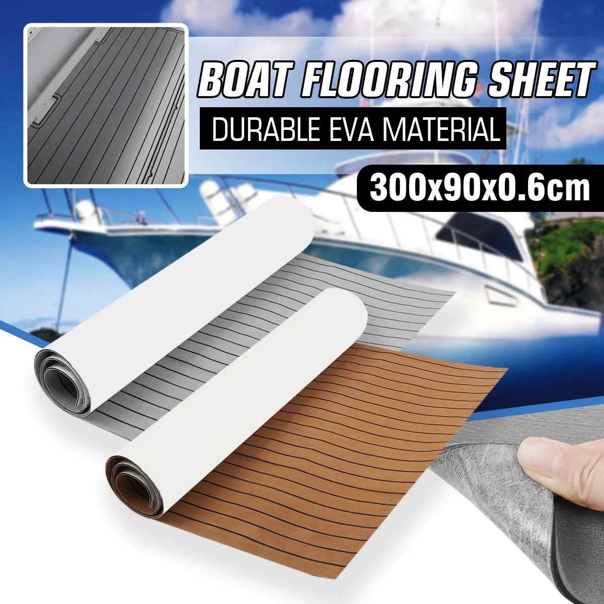 

3000mm Self-Adhesive EVA Foam Decking Sheet Faux Teak Synthetic Marine Boat Flooring Mat Anti-Skid Brown/Gray with Black Striped
